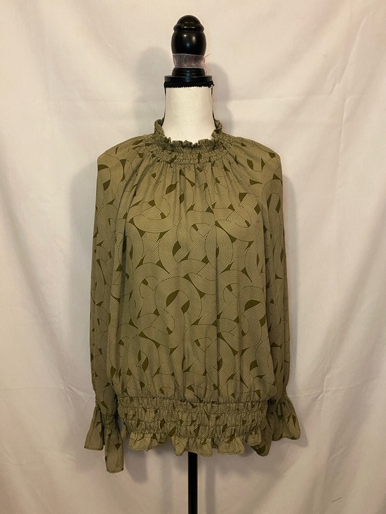 Worthington Tops - Worthington Olive Green Abstract-Print Long-Sleeve Smocked Blouse